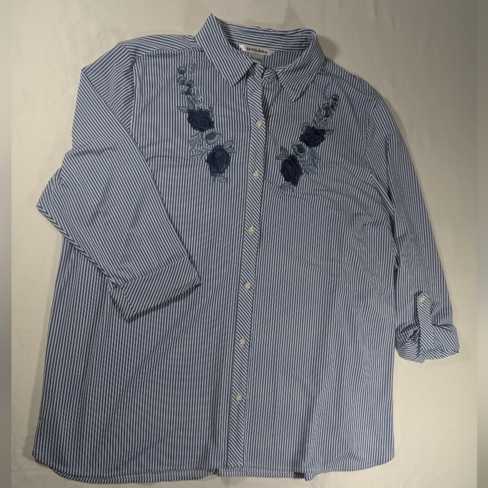 Nygard Blue & White Striped Button-Up Shirt Embroidered Floral Accents Size 3X